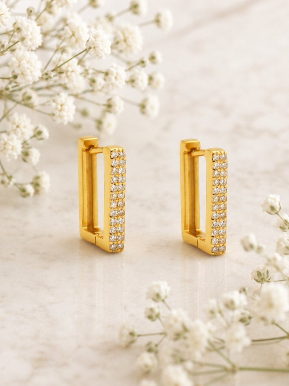 Gold CZ Rectangle Zircon Huggie Hoop Earrings Gold Plated 925 Sterling Silver
